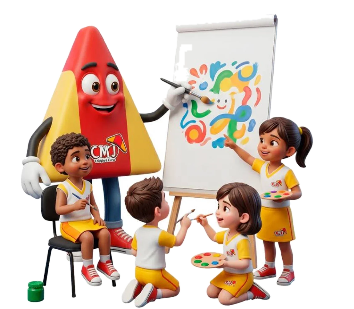 O mascote do CMJ, a asa-delta vermelha e amarela, pintando um quadro colorido com quatro crianças de uniforme